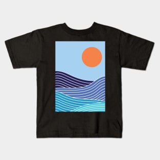 Minimalist Navy Blue Ocean Waves And Sunset Graphic Art Kids T-Shirt